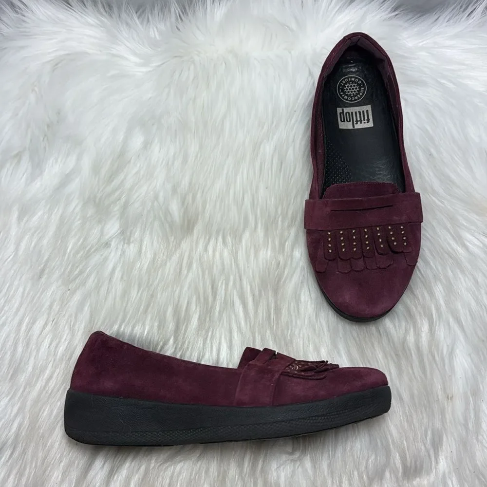 Fitflop Burgundy Suede Stud‎ Fringe Penny Loafers Sz 6